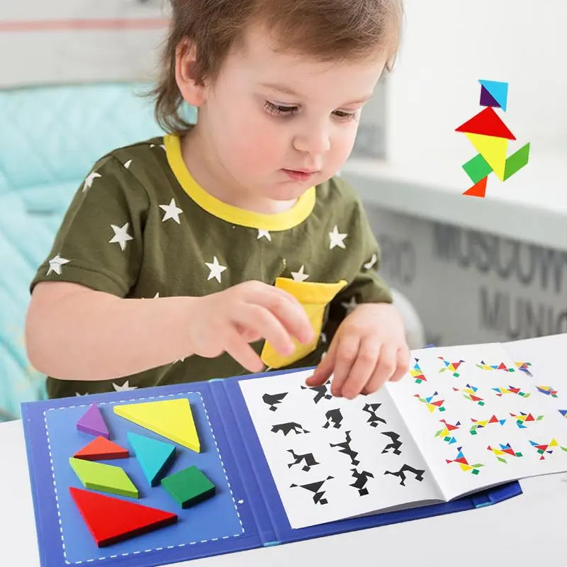 Magnetic Wooden Tangram Puzzle Book, Educational Toy for Children, Portable Montessori Learning Tool for Kids' Intelligence Development