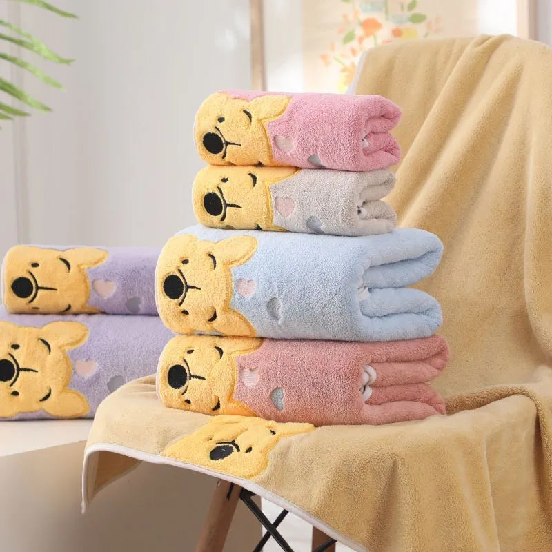 Thick Coral Velvet Cartoon Bath Towel Set with Embroidered Winnie the Pooh