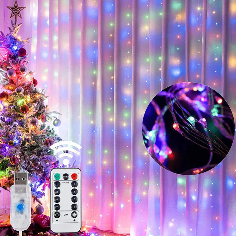 Christmas Curtain Garland LED Lights USB Remote Control Fairy Lights String Holiday Wedding Decoration for Bedroom Outdoor Home