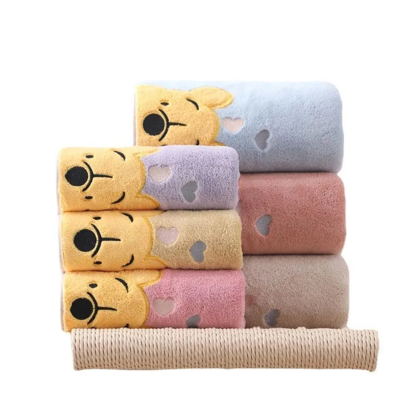 Thick Coral Velvet Cartoon Bath Towel Set with Embroidered Winnie the Pooh