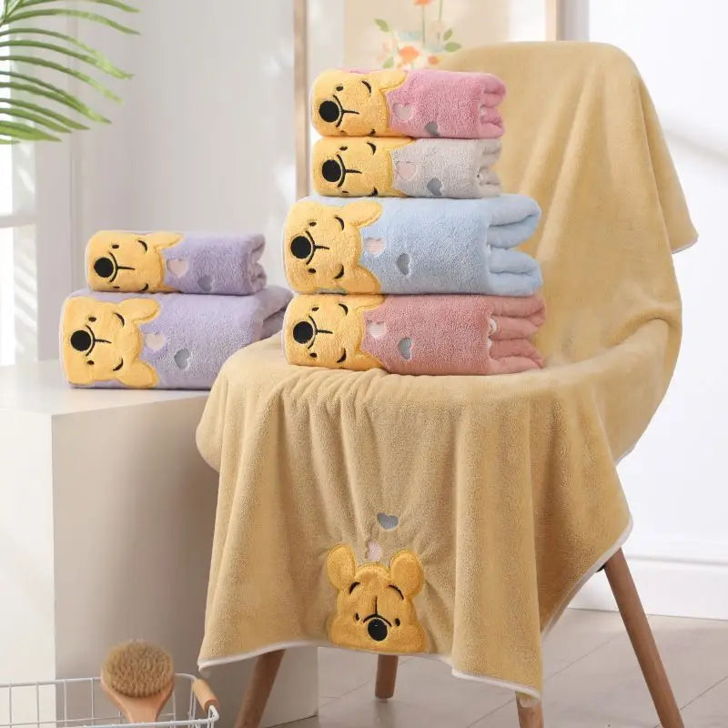 Thick Coral Velvet Cartoon Bath Towel Set with Embroidered Winnie the Pooh