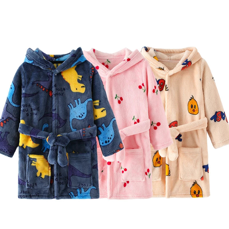 Boy and Girls Flannel Pajamas Robe Autumn and Winter Children Sleepwear Soft Hooded Kids Homewear 2-8 Years