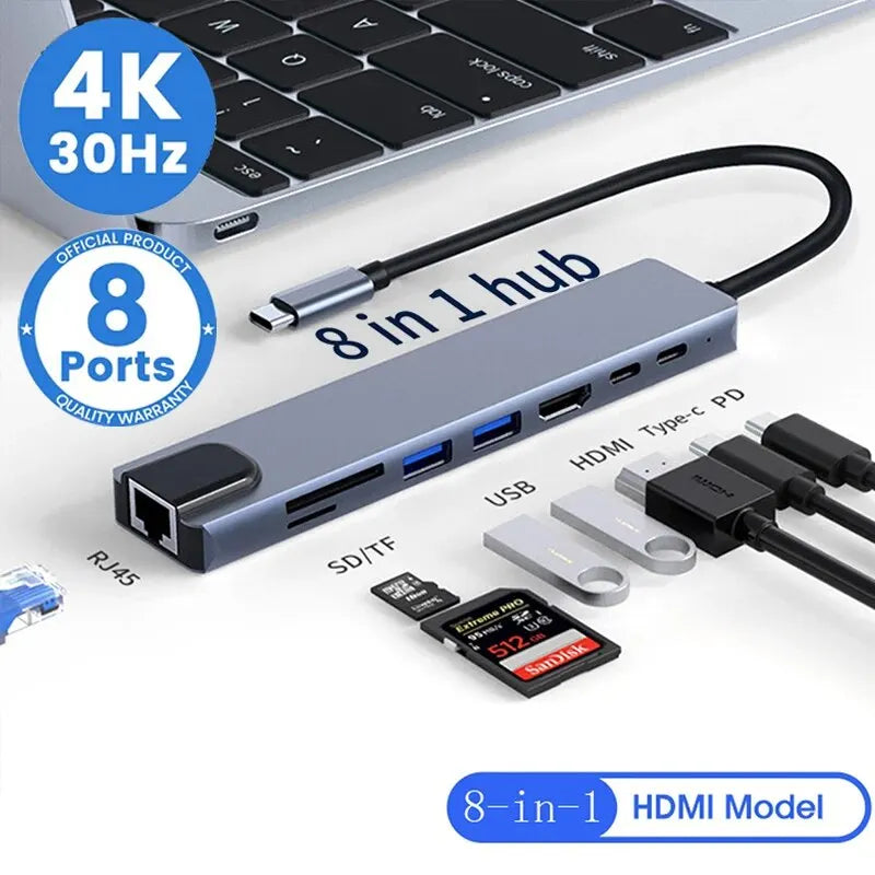 8 in 1 USB C HUB Type C Splitter 4K Thunderbolt 3 Docking Station Laptop Adapter For Macbook Air M1 iPad Pro RJ45 HDMI Computer