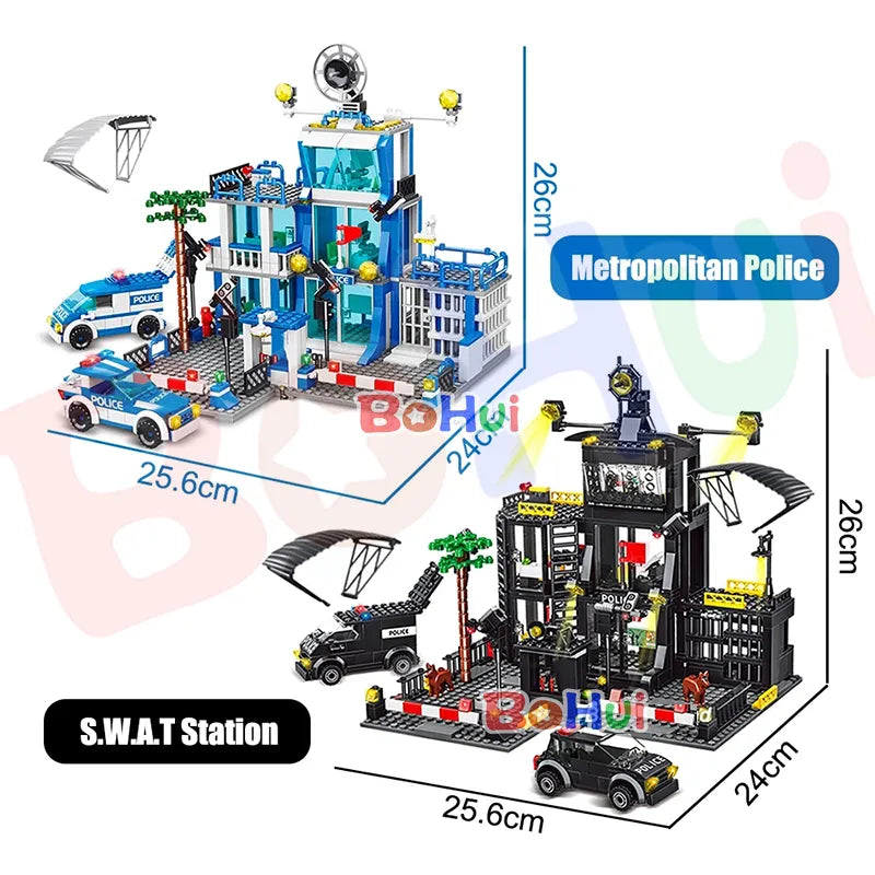 SWAT Police Station Military City Model Set Prison Car Policeman Boat Figures Building Blocks DIY Toy for Kids Boys Gift