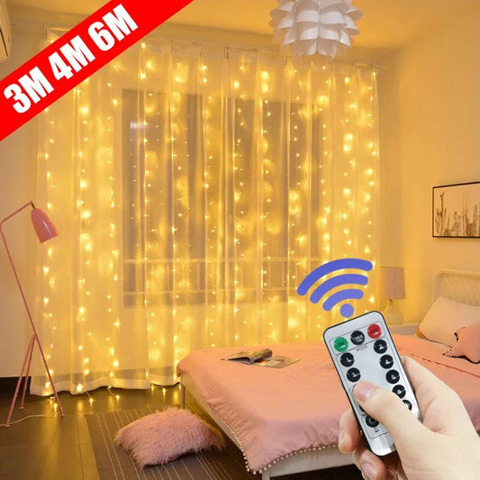 Christmas Curtain Garland LED Lights USB Remote Control Fairy Lights String Holiday Wedding Decoration for Bedroom Outdoor Home