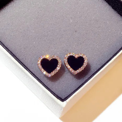 Engagement Enamel Cute Heart Stud Earrings for Women Girls Rose Gold Color Summer jewelry Black Earring Wedding Jewelry Gifts