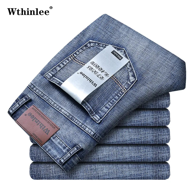 Business Men's Jeans Casual Straight Stretch Fashion Classic Blue Work Denim Trousers Male WTHINLEE Brand Clothing Size 28-40