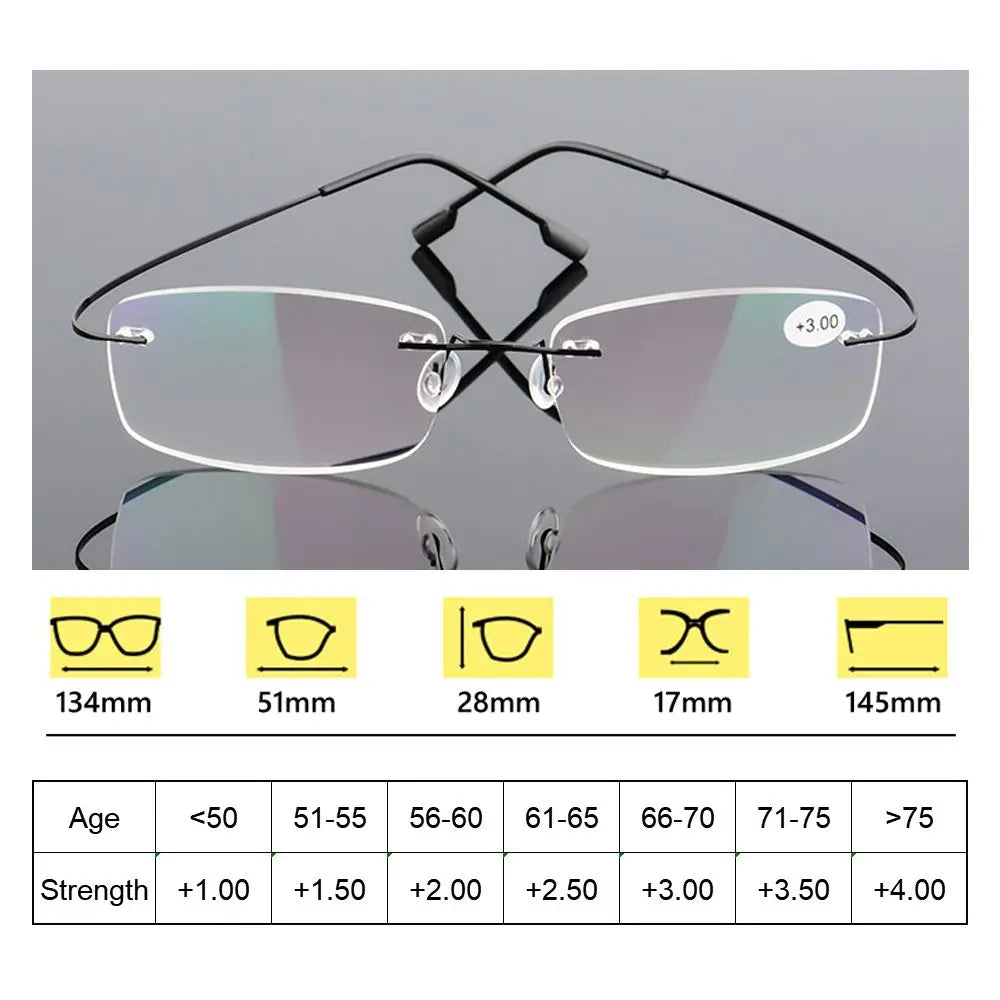 Classic Rimless Memory Titanium Magnetic Reading Glasses - Men and Women - Presbyopia Eyeglasses +1.0~+4.0 Strength