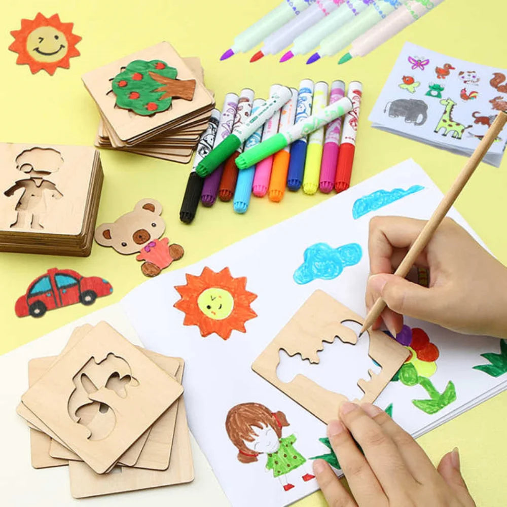 Montessori Kids Toys - Wooden DIY Painting Stencils, 10/20pcs Learning and Educational Drawing Templates for Children, Gif