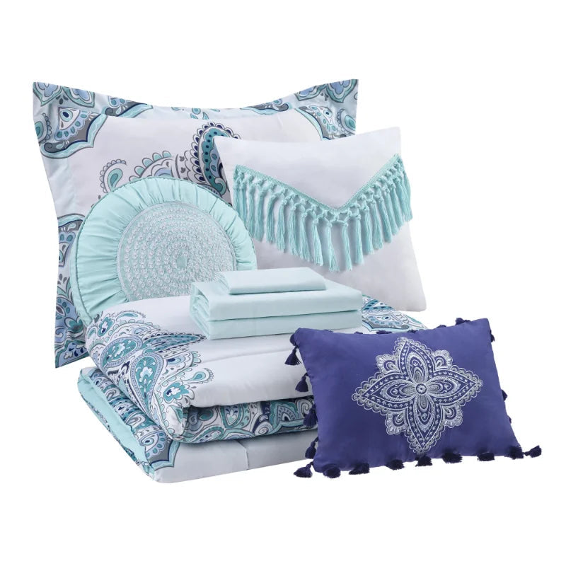 10-piece bedding set by Mainstays, featuring a teal medallion design, and includes a comforter and sheets