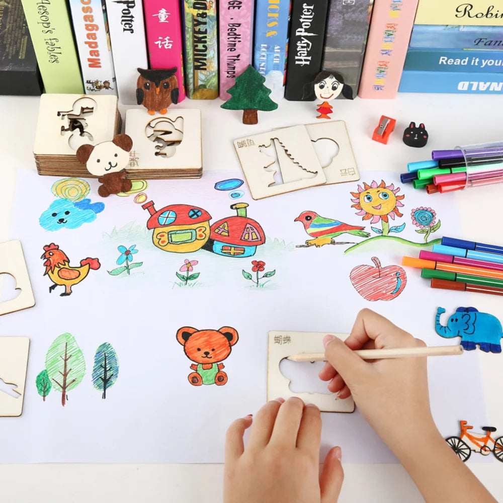 Montessori Kids Toys - Wooden DIY Painting Stencils, 10/20pcs Learning and Educational Drawing Templates for Children, Gif