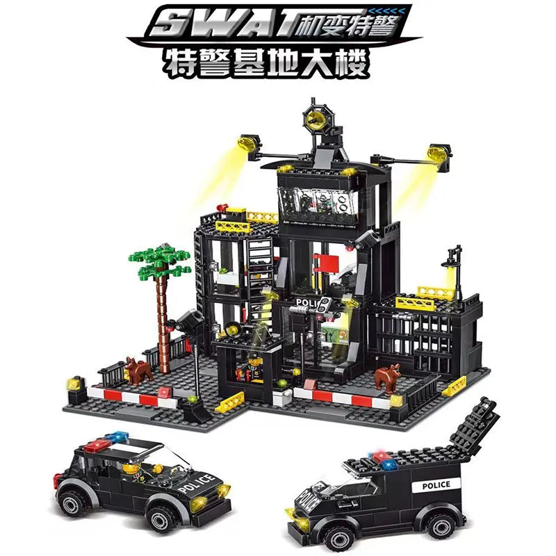 SWAT Police Station Military City Model Set Prison Car Policeman Boat Figures Building Blocks DIY Toy for Kids Boys Gift