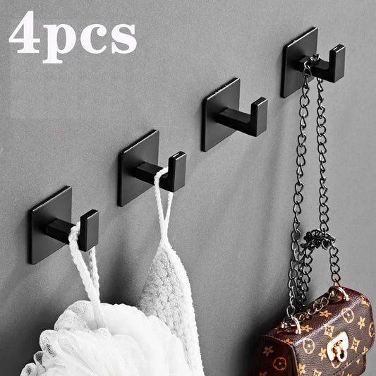 Black Self-Adhesive Wall Hooks, 3/4pcs, for Keys, Clothes, Robes, Towels, Bathroom Accessories