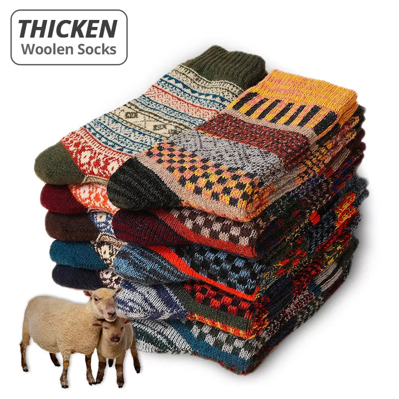 HSS Brand 5 Pairs Winter Men's Thicken Sheep's Wool Socks - Retro Style, Colorful Fashion, Ideal for Snow Boots