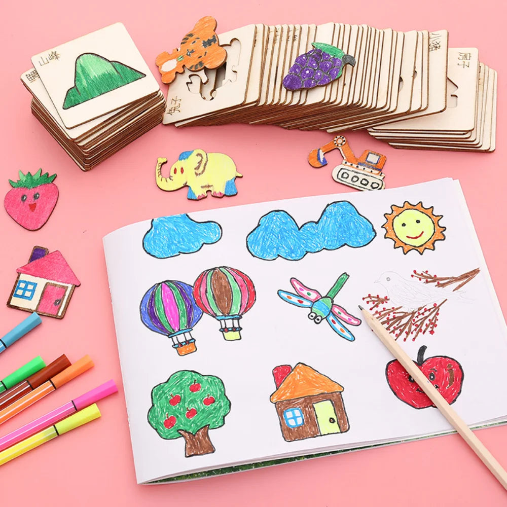 Montessori Kids Toys - Wooden DIY Painting Stencils, 10/20pcs Learning and Educational Drawing Templates for Children, Gif