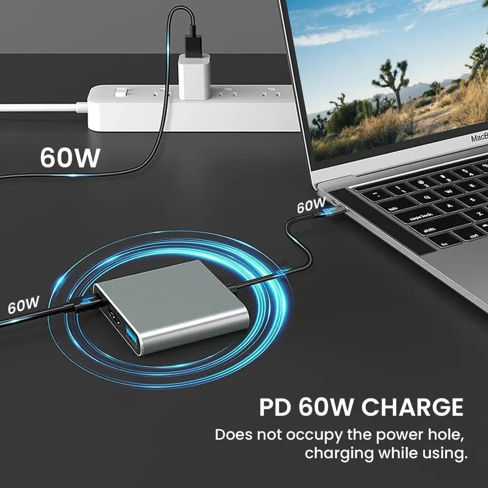 3-in-1 USB C Hub with 60W Type C Power Delivery 4K HDMI Square Portable Adapter Multiple Port Hub for MacBook Air/Pro ChromeBook