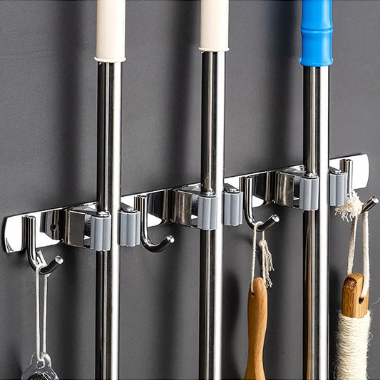 Wall Mount Mop and Broom Organizer with Stainless Steel Hooks for Kitchen and Bathroom