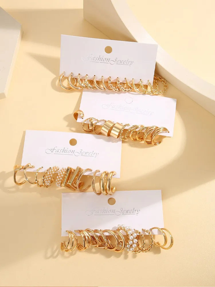 Gold Color Vintage Hoop Earrings Set for Women Boho Metal Circle Geometric Twist Pearl Dangle Earrings Trendy Jewelry Gifts 2023