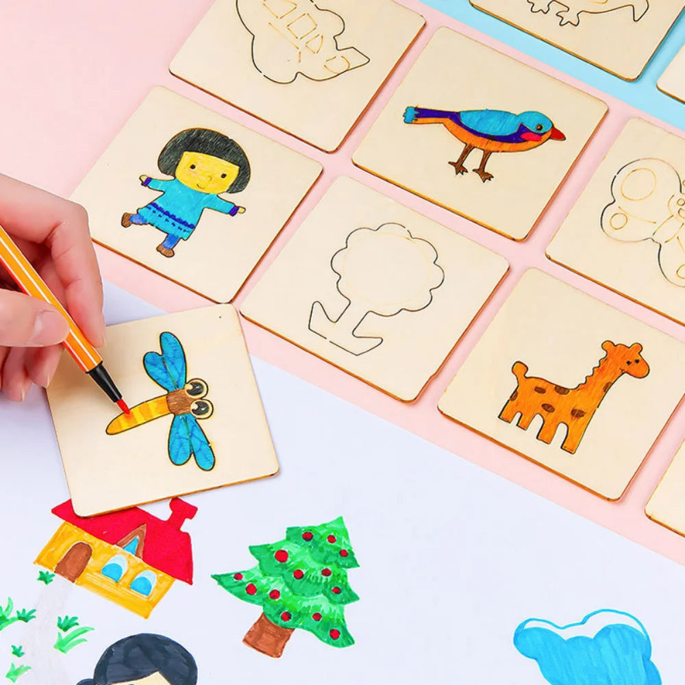 Montessori Kids Toys - Wooden DIY Painting Stencils, 10/20pcs Learning and Educational Drawing Templates for Children, Gif