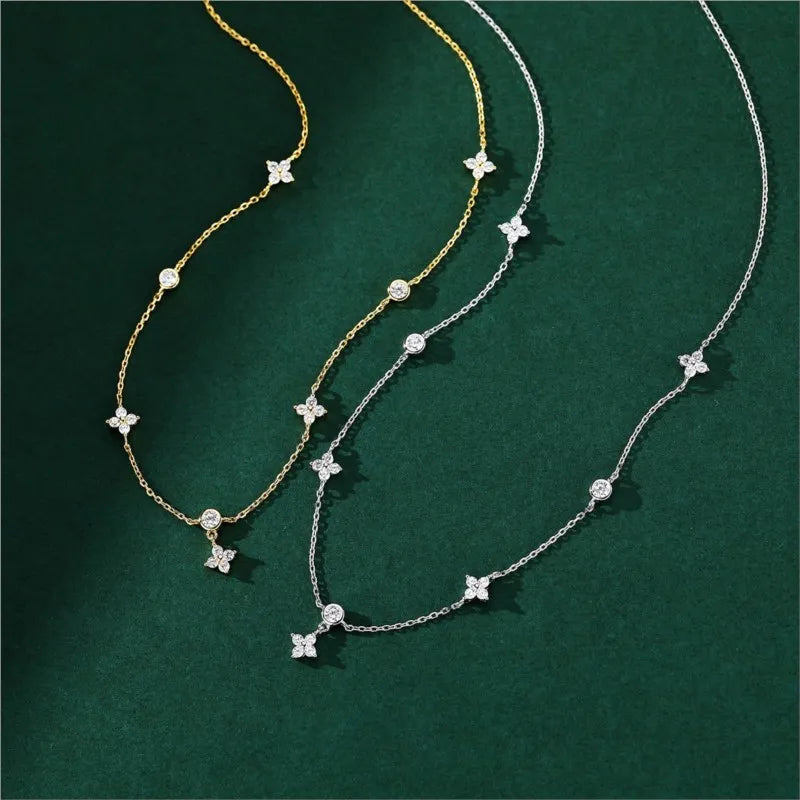 ANENJERY Inlaid Zircon Four-leaf Flower Chain Necklace for Women New Niche Light Luxury Hot Fashion Collares Choker Accessories