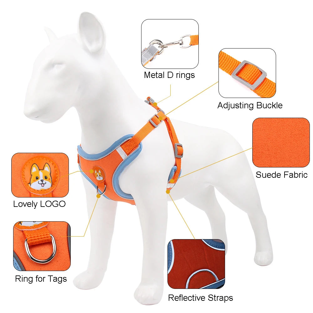 Dog Harness with 1.5m Traction Leash Set No Pull Dog Vest Strap Adjustable Reflective Breathable Harness for Dogs Puppy and Cats