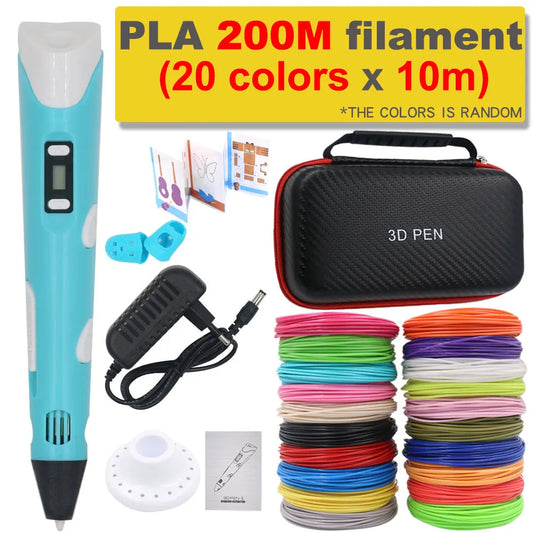 3D Pen with 200M PLA Filament, Power Adapter, Travel Storage Box - Ideal for DIY Drawing, Kids' Birthday and Christmas Gifts