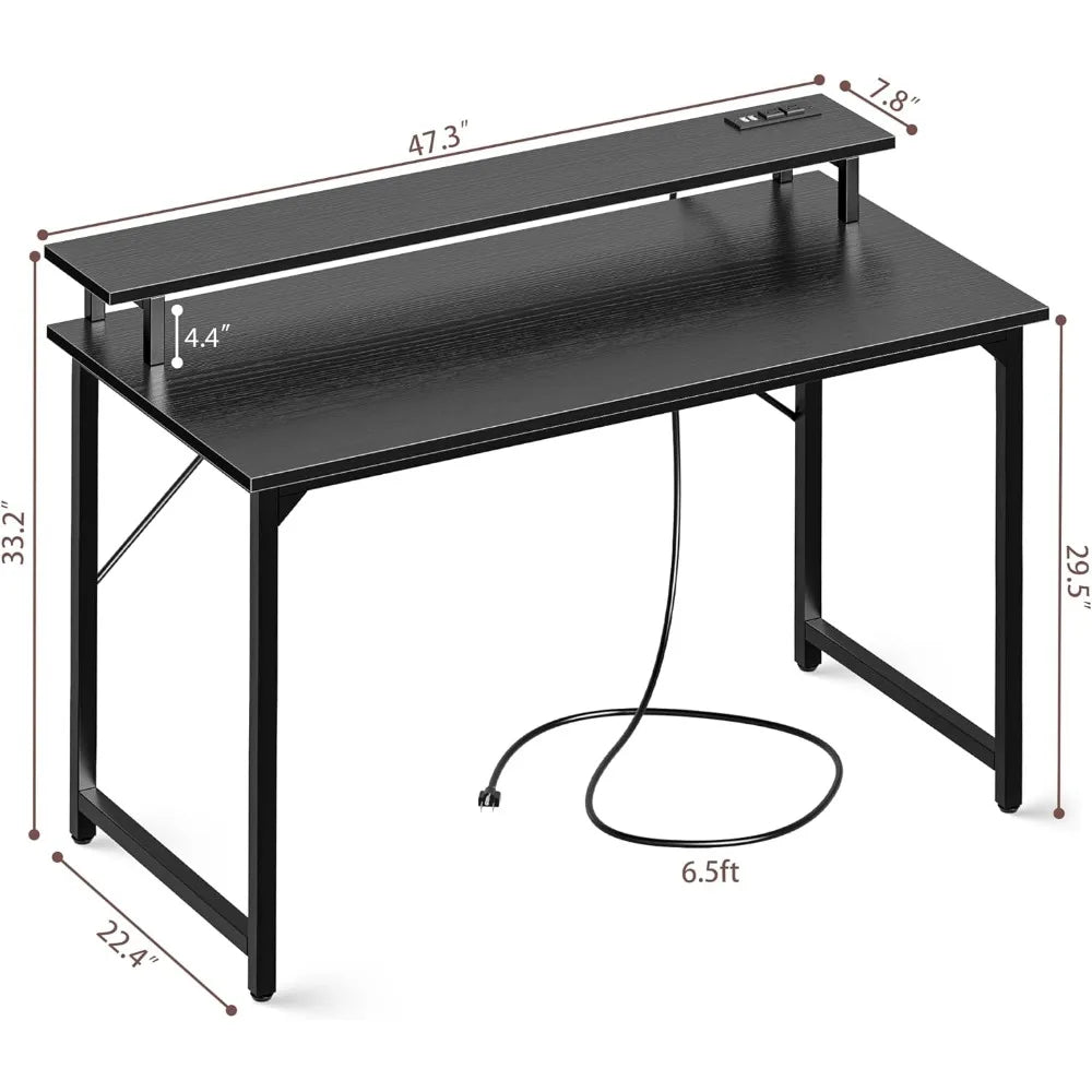 47 inch Computer Desk with LED Lights & Power Outlets, Gaming Desk with Monitor Shelf, Small Office Desk for Home & Office