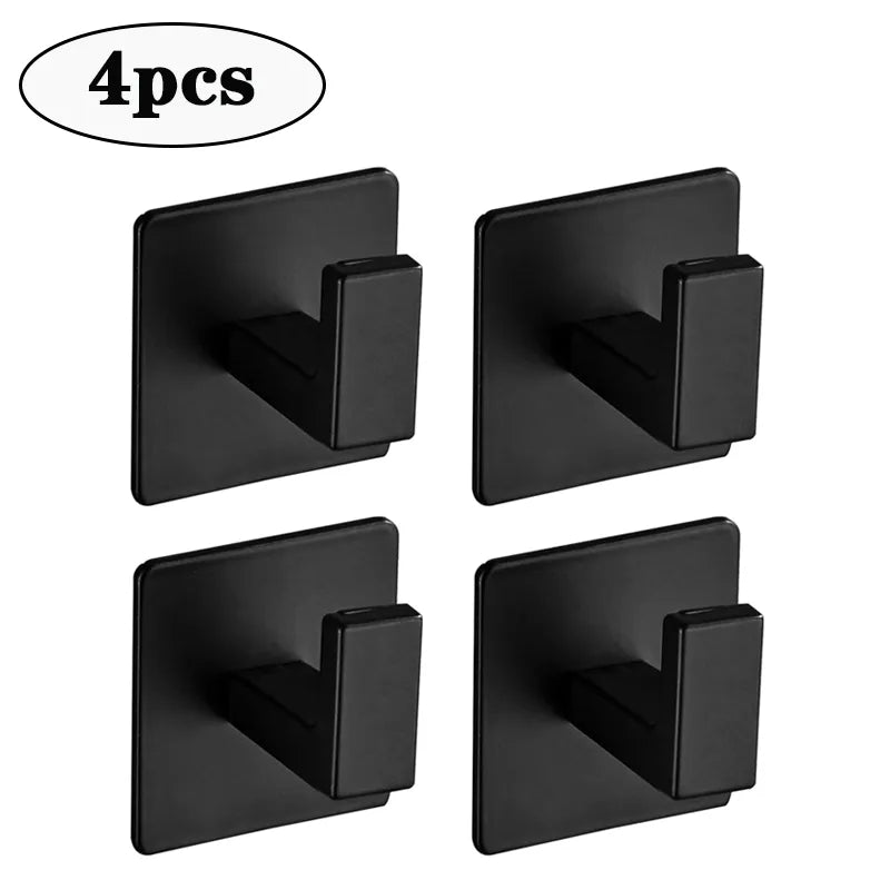 Black Self-Adhesive Wall Hooks, 3/4pcs, for Keys, Clothes, Robes, Towels, Bathroom Accessories