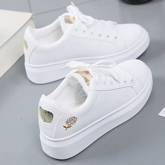 Women's White Leather Casual Shoes, Autumn 2024, Thick Sole, Rose Embroidery, Student Style