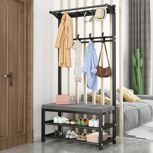 Coat Rack And Shoe Bench Bedroom Porch Hanging Clothes Rack With Shoe Changing Stool Wardrobe Clothing Household Entryway Bench