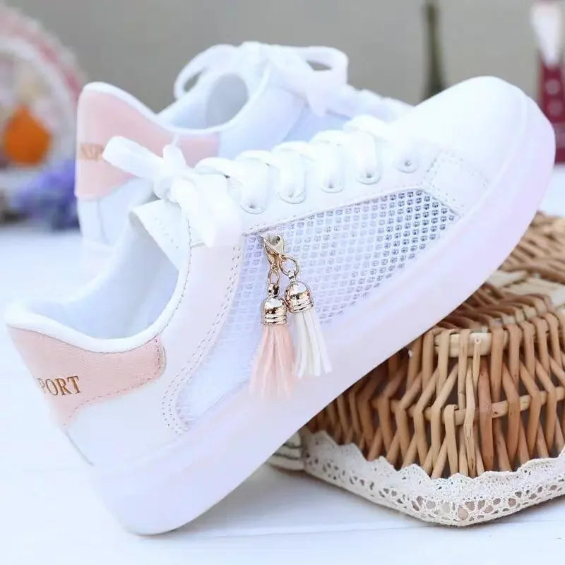 Women's Breathable Sneakers, Casual Sports Shoes, Flat Mesh, White, Vulcanized Design, 2024