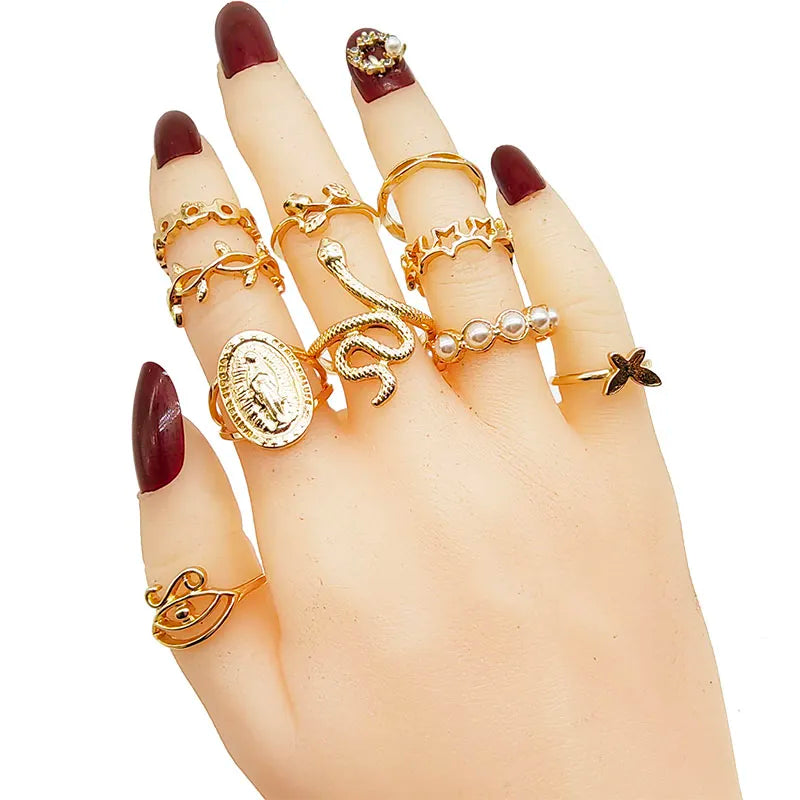 30pc/Lot Gold Color Finger Rings For Girls New Love Snake Animal Butterfly Cutout Star Pearl Thin Joint Ring Party Jewelry Women