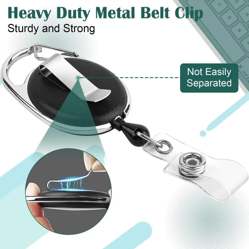 Retractable Badge Reel, Heavy Duty Metal with Carabiner Belt Clip, Key Ring, for ID Card and Keychain.