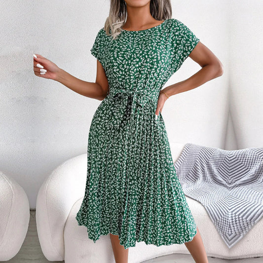 Women Spring Summer Short Sleeve High Waist Chic Dress Fashion Floral Pleated A Line Long Dress