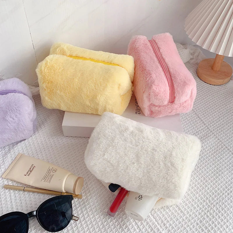 Soft Fur Makeup Bags for Women - Travel Cosmetic Organizer Case for Young Ladies and Girls - 1 Pc Solid Handbag