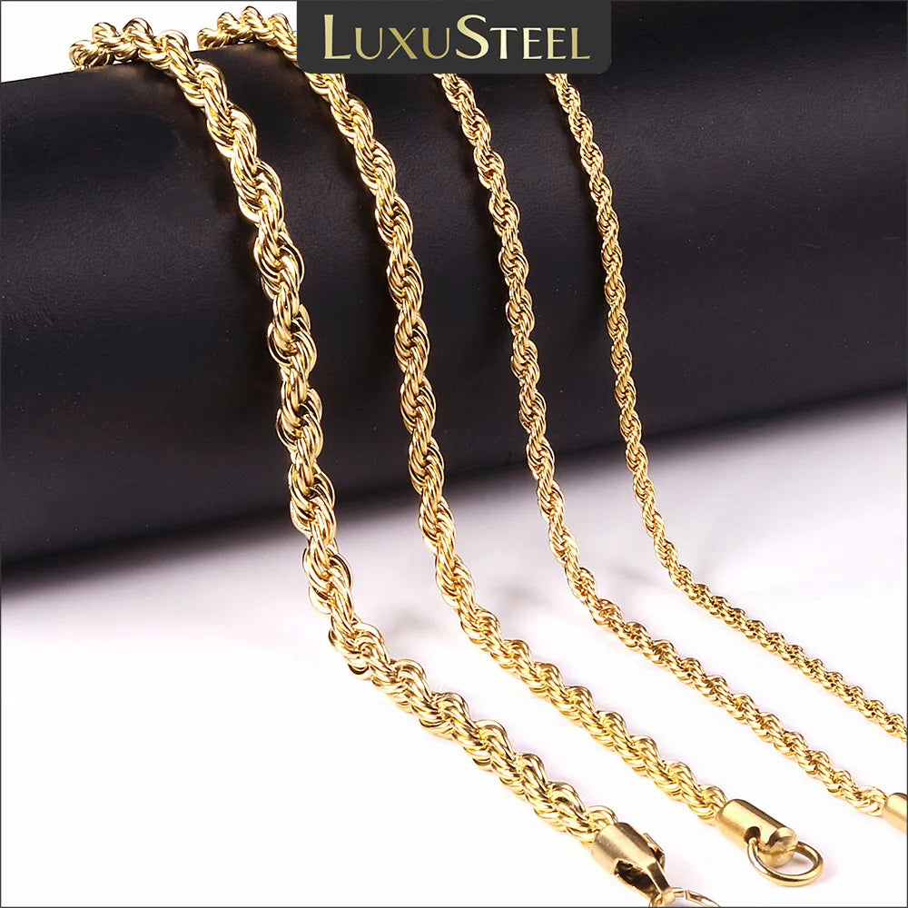 LUXUSTEEL 2/3/4/5mm Rope Chain Necklace Stainless Steel For Women Men Never Fade Waterproof Twist Choker Silver Tone Gold Color