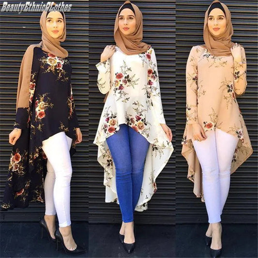 Women Floral Short Dress Casual Irregular Shirts, Abaya Kaftan Turkey Arab Fashion Long Sleeve Tops Blouse S-2XL