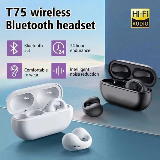 NEW T75 Wireless Earbuds Stereo Bass Sports Headset Ear-Clip Bluetooth Headphones Bone Conduction Earphone with Mic For Phone