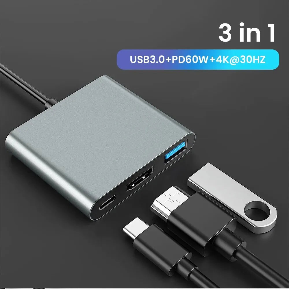 3-in-1 USB C Hub with 60W Type C Power Delivery 4K HDMI Square Portable Adapter Multiple Port Hub for MacBook Air/Pro ChromeBook