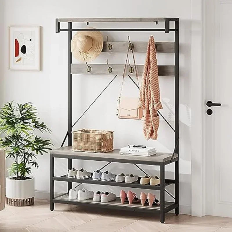 IDEALHOUSE Coat Rack Shoe Bench Industrial Hall Tree Storage Bench for Entryway Wood Look Accent Large Shoe Rack Bench