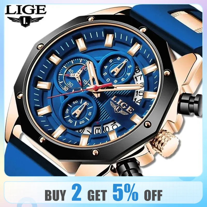 Discover LIGE Fashion Men's Luxury Silicone Sport Watch with Quartz Movement, Date Function, Waterproof Design, and Chronograph Features