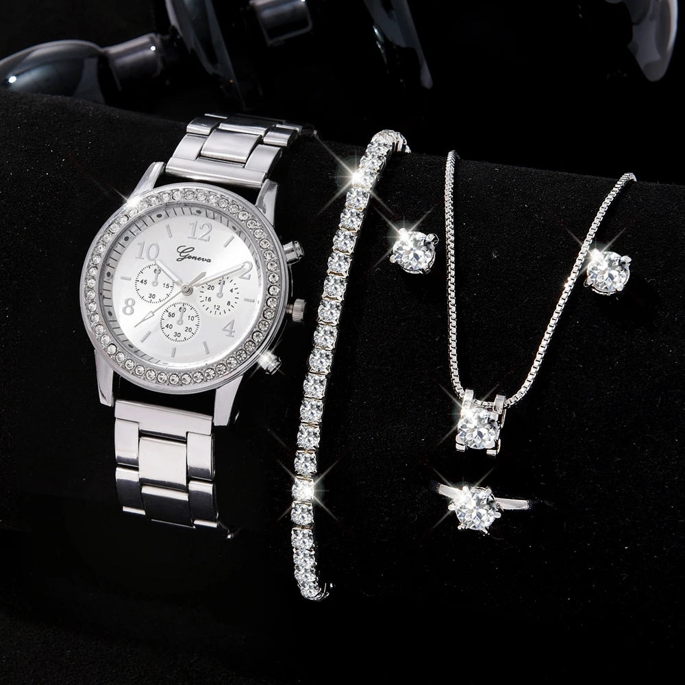 6-Piece Luxury Women's Fashion Set: Watch, Ring, Necklace, Earrings, Bracelet, and Rhinestone Wristwatch