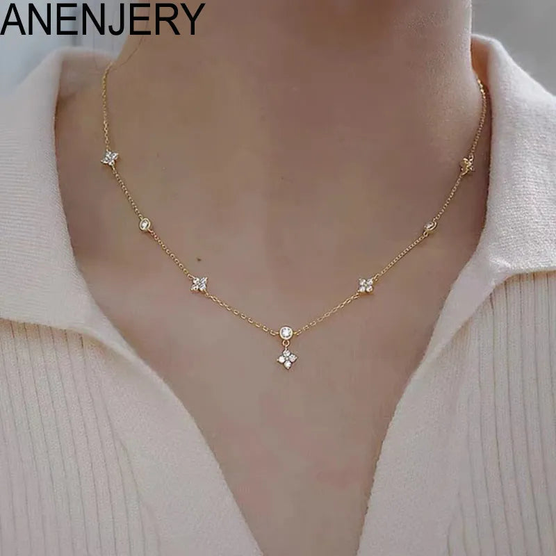 ANENJERY Inlaid Zircon Four-leaf Flower Chain Necklace for Women New Niche Light Luxury Hot Fashion Collares Choker Accessories