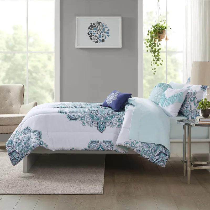 10-piece bedding set by Mainstays, featuring a teal medallion design, and includes a comforter and sheets