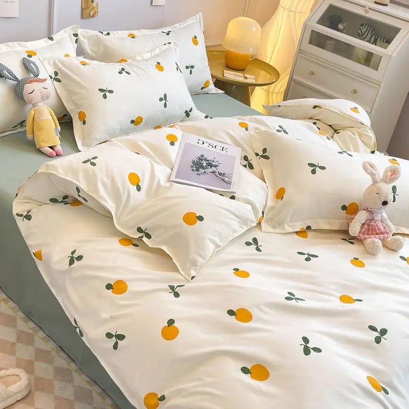 In Style Duvet Cover Set with Flat Sheet and Pillowcases, Cute Orange Cherry and Crow Printed, Available in Single, Double, and Queen Sizes, Girls' Bedding Kit