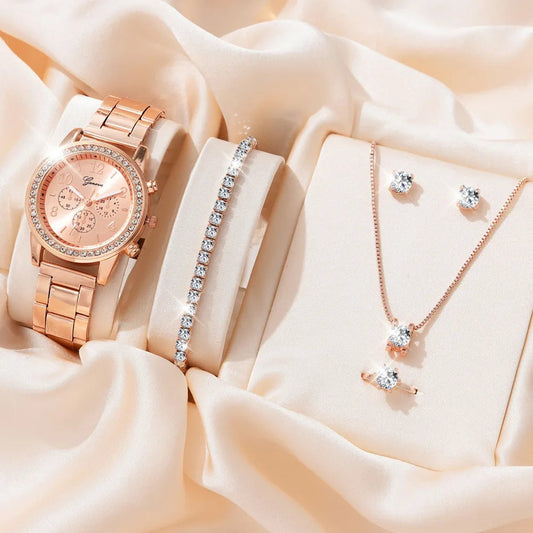 6-Piece Luxury Women's Fashion Set: Watch, Ring, Necklace, Earrings, Bracelet, and Rhinestone Wristwatch