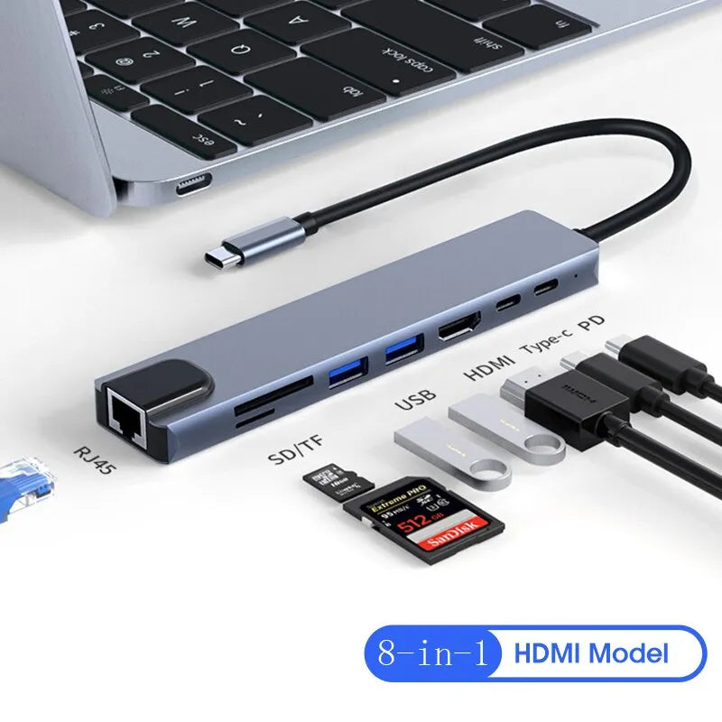 8 in 1 USB C HUB Type C Splitter 4K Thunderbolt 3 Docking Station Laptop Adapter For Macbook Air M1 iPad Pro RJ45 HDMI Computer