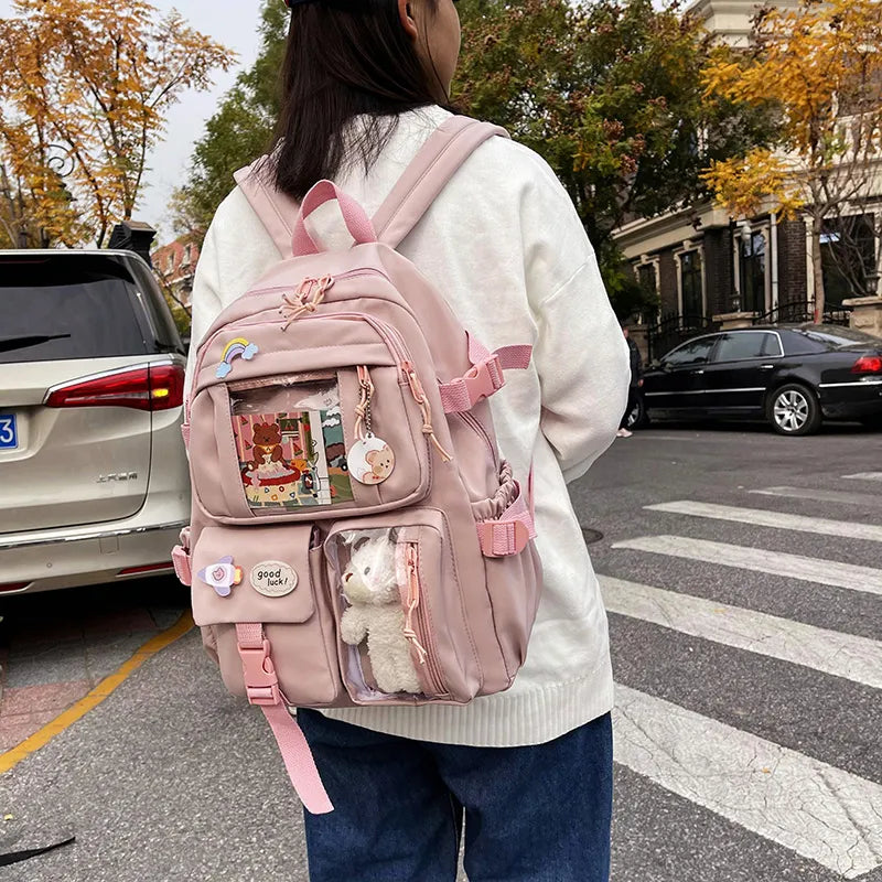 Cute Women's Waterproof Multi-Pocket Nylon School Backpack - Ideal for Students, Girls - Kawaii Laptop Book Pack Mochilas