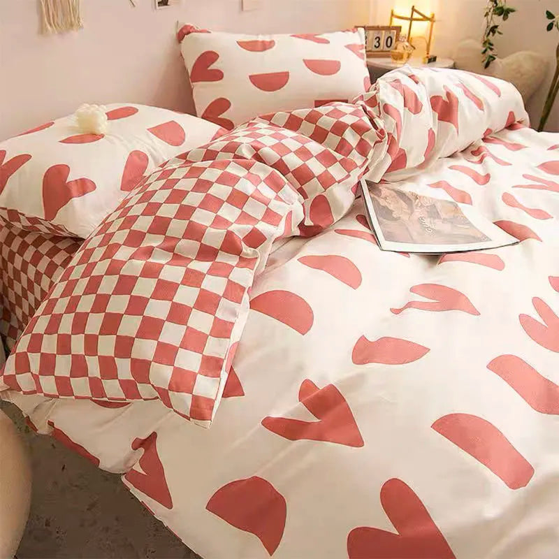 In Style Duvet Cover Set with Flat Sheet and Pillowcases, Cute Orange Cherry and Crow Printed, Available in Single, Double, and Queen Sizes, Girls' Bedding Kit