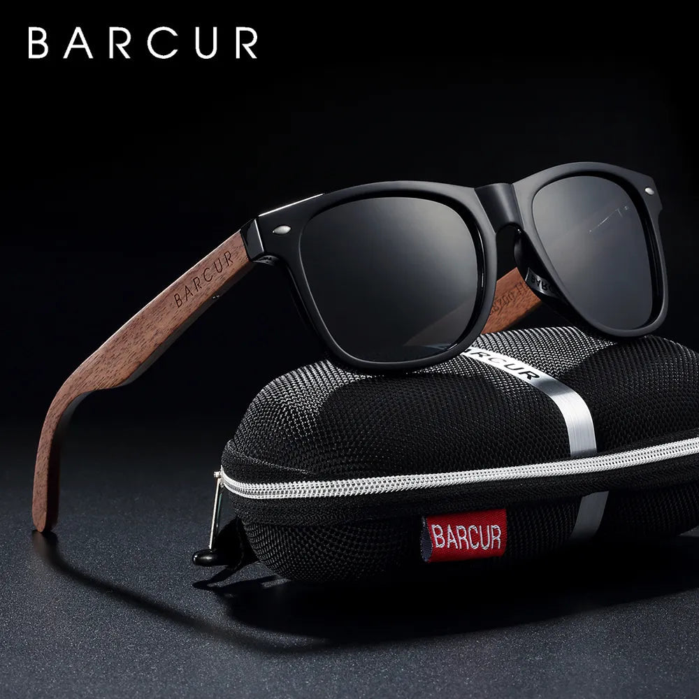 BARCUR Black Walnut Wood Sunglasses for Men - Polarized High-Quality Square Sun Glasses with UV400 Protection - Stylish Eyewear Accessory with Original Box